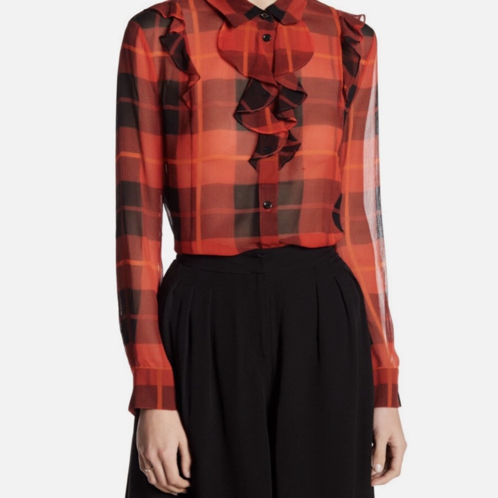 KATE SPADE Women's Red Plaid Ruffle Long Sleeve Silk Blouse Size 8